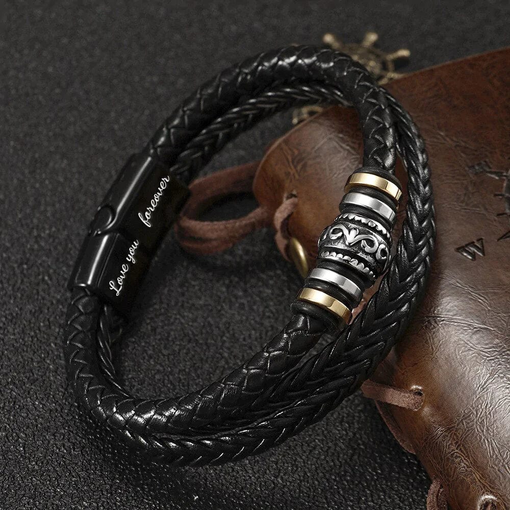 Men's Leather Bracelet with Engraved Message - Love You Forever - Gift for Son (8.6")