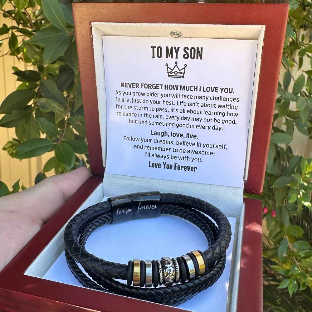 Men's Leather Bracelet with Engraved Message - Love You Forever - Gift for Son (8.6")